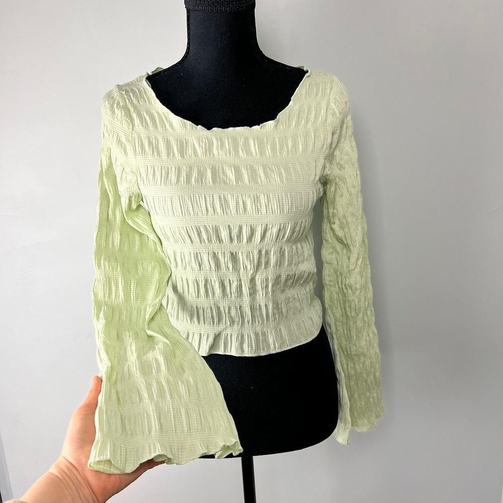 Kendall & Kylie Sage Green Gingham Smocked Bell Sleeve Crop Top XS Coquette Y2k
